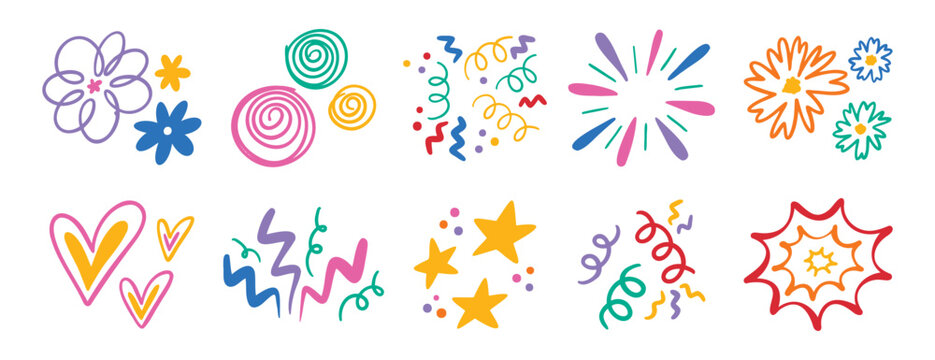 Naklejki Abstract cute shapes sticker curve set. Colorful funny element organic symbol. Doodle flower and heart, star and confetti, trendy lines cartoon drawing style. 