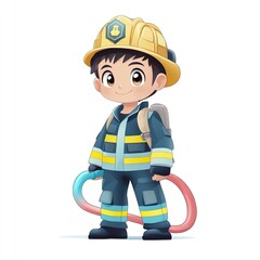 Cute cartoon firefighter boy.