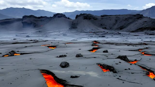 Lush tropical beach surrounded by vibrant lava lavas and glowing hot lava on golden sands