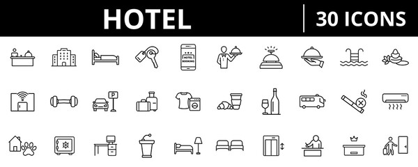 Hotel outline icon set featuring hospitality, accommodation, booking, services, and travel concepts. Editable stroke, professional clean style
