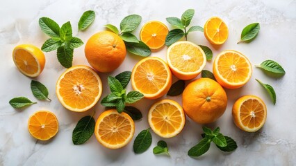 A vibrant arrangement of juicy oranges and refreshing mint leaves on a light-colored surface