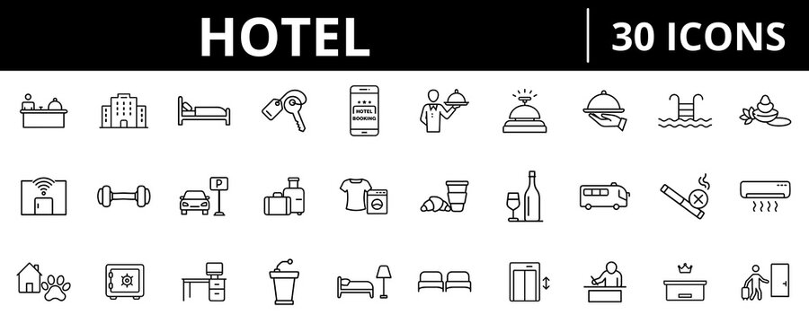 Hotel outline icon set featuring hospitality, accommodation, booking, services, and travel concepts. Editable stroke, professional clean style
