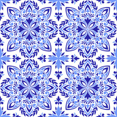 Mediterranean seamless pattern with blue tiles, white background. Abstract mosaic design. Portuguese, Italian, Spanish motifs. Floral ornament, print for home textile or ceramic. Vector illustration