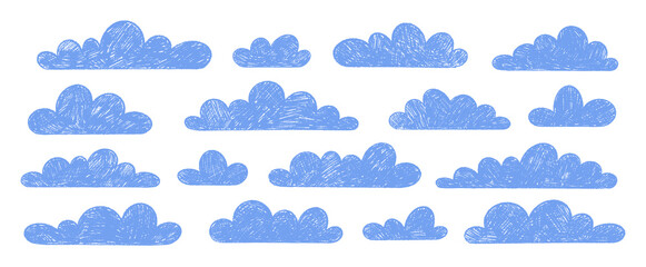 Crayon clouds set. Blue cumulus, hand drawn textured shapes in children's style. Chalk pastel doodles of weather elements, kid drawings. Sky vector illustration