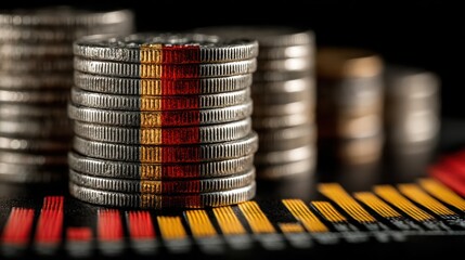 Stacked coins with national flag, chart background