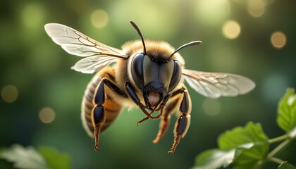 Naklejka premium A detailed image of a honeybee in mid-flight, showing wings and detailed body features.