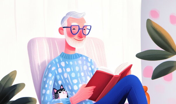 an elderly man sitting in his living room with cat on armchair, holding book and drinking coffee