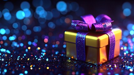 Golden gift box with purple ribbon.  A festive gift, beautifully wrapped, rests on a bed of shimmering glitter, bathed in colorful lights