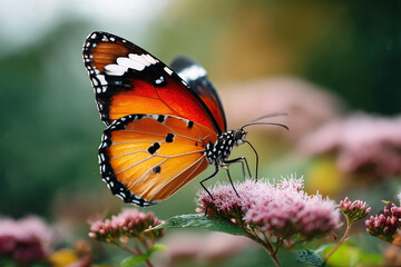 Obraz premium A macro shot of a vibrant butterfly on a flower, showcasing intricate wing details and natural colors, captured in 4K clarity. 