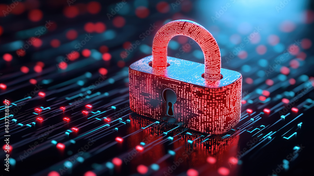 Poster digital lock surrounded by glowing data streams in cyber security