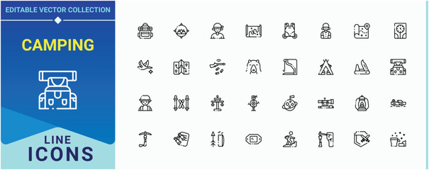Set of Camping line icon. Contains outline symbols like exploration, travel, hiking and more. Adventure icon set. Minimalist linear icons. Editable stroke. Vector collection.