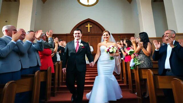Joyous Wedding Ceremony, Newlyweds Walk Down Aisle Amidst Cheering Guests