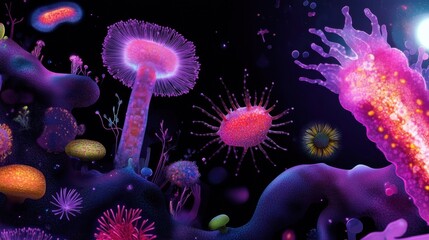 Dark background with glowing, alien-like microorganisms in complex formations, celebrating microscopic wonder