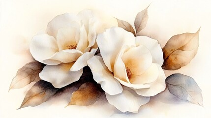elegant white and peach gardenias with brown leaves in watercolor style