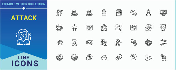 Attack vector line icon set. Includes symbols for anger, aggression, angry, reaction, offensive and more. Aggressive icon set. Vector outline icons collection. Art and illustration.