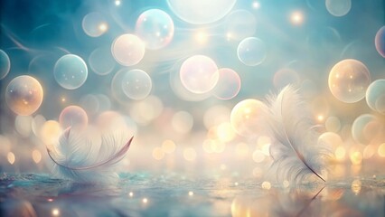 Ethereal Delicate Feathers Resting Gently on a Tranquil Surface Adorned with Shimmering Bubbles and Soft Lights