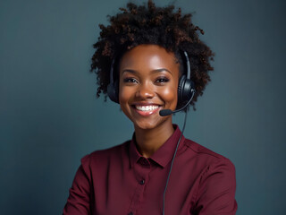 Cheerful African American woman with headset providing customer service solution