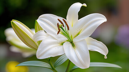 Fototapeta premium Beautiful white lily blossoms in a serene garden setting