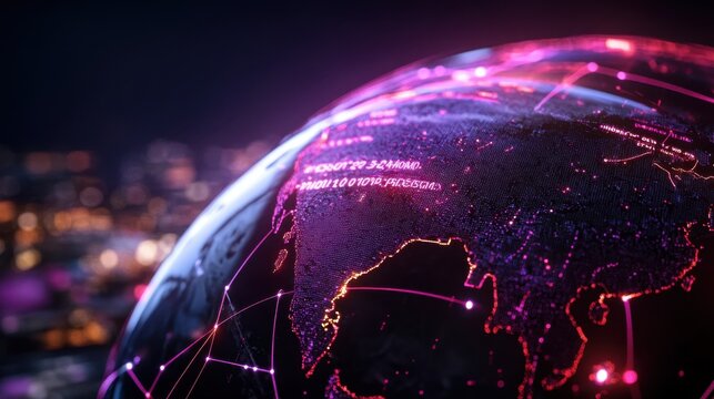 Digital globe with data overlays, financial graphs, and bright network lines depicting international finance flow