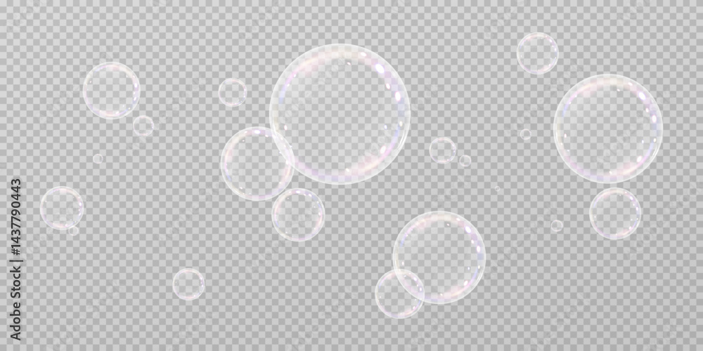 Wall mural realistic soap vector bubbles png isolated on transparent background. falling and flying bubbles eff