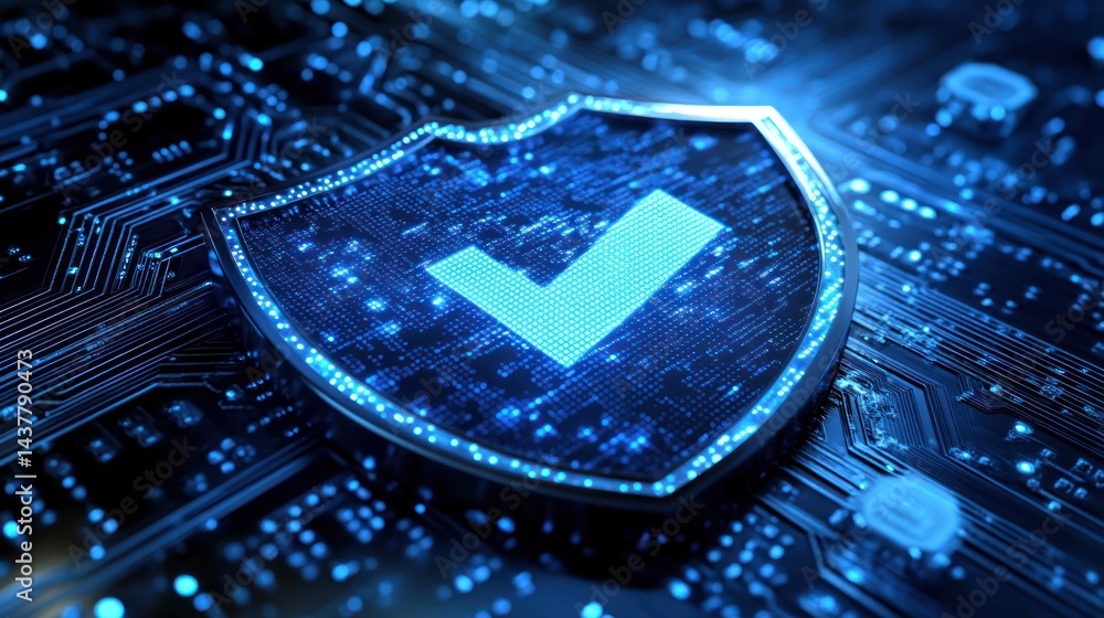 Poster shield with checkmark on circuit board represents security and technology.