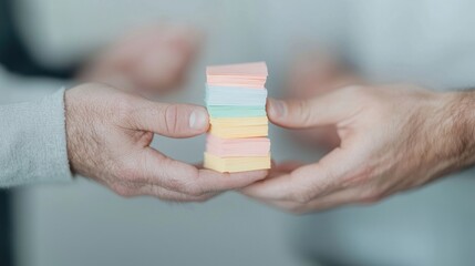 Two hands exchange a colorful stack of sticky notes
