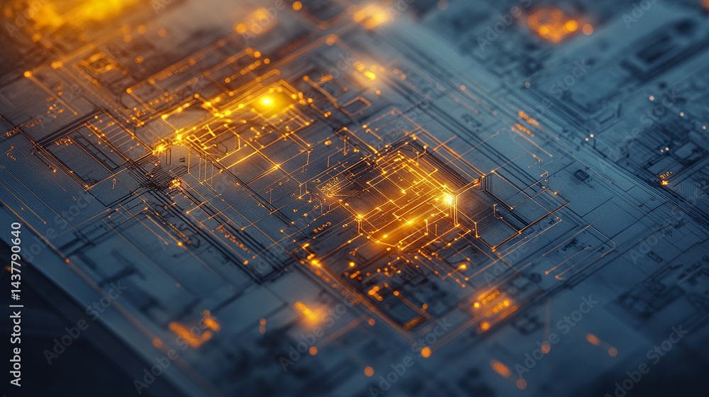 Poster digital circuit design with glowing elements showcases intricate technology