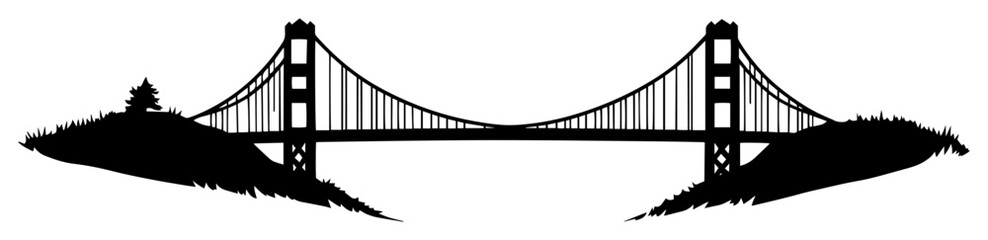 suspension bridge connecting two hills minimalist black and white silhouette isolated