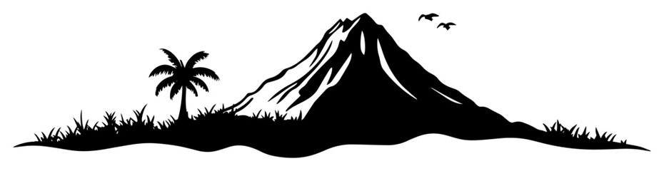 volcanic tropical island with palm tree and flying bird silhouette isolated on white background