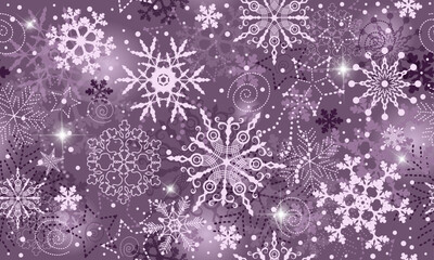 Vector seamless winter violet pattern with doodle snowflakes and stars and gradient spots. For textile, wallpaper and packaging