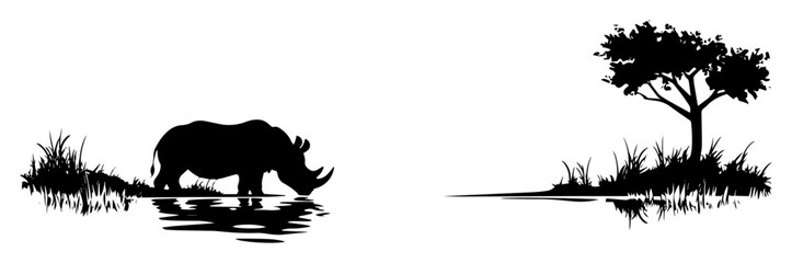 rhinoceros drinking at waterhole in african savannah landscape silhouette isolated on white