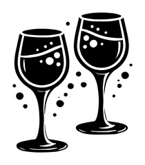 two wine glasses with sparkling drink black and white celebration silhouette isolated