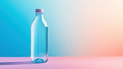 Clear transparent plastic water bottle with screw cap placed on pastel pink and blue background with soft gradient lighting for hydration and beverage storage themes