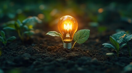 Glowing lightbulb with leaves growing from soil symbolizing new ideas and sustainability.
