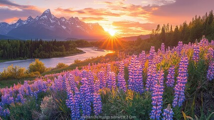 Sunrise over mountains and wildflowers