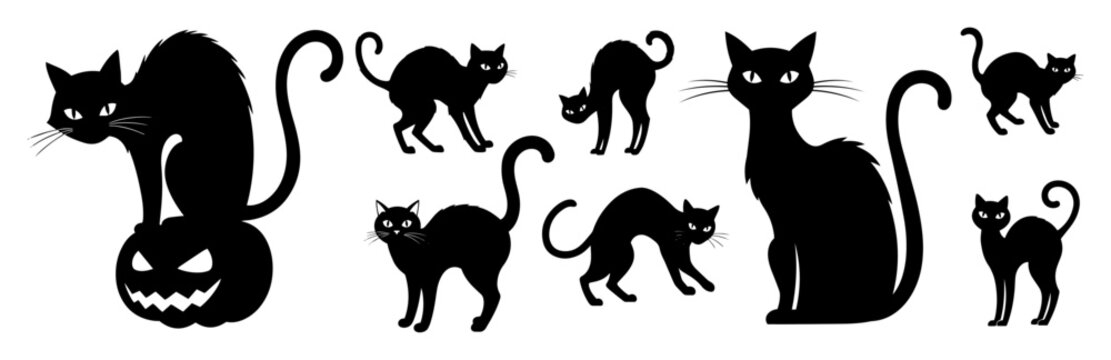 collection of spooky black cat silhouettes in halloween style isolated on white background