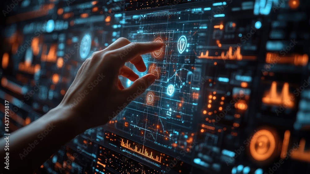 Poster hand interacting with a complex futuristic display showing data and glowing elements.