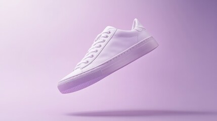 Casual white sneaker shoe floating in midair with soft purple background perfect for fashion, footwear, and lifestyle themed designs and advertising