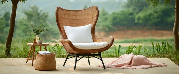 Fototapeta premium Cozy outdoor scene with a wicker chair, side table, blanket, and plants