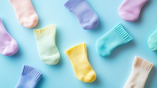 Bright pastel-colored socks arranged in a flat lay on a light blue background displaying various shades including yellow purple green blue and beige suitable for fashion or comfort themes