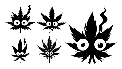 black silhouette of funny smoking cannabis leaves with cartoon eyes isolated on white