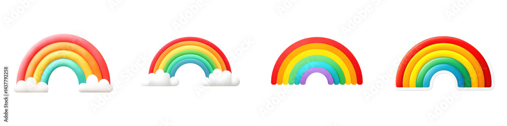 Poster set of colorful rainbows with clouds on a black background, showcasing vibrant arcs. isolate on tran