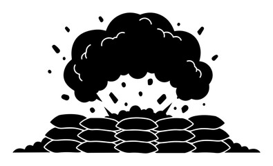 black silhouette of explosion behind sandbags fortification isolated on white