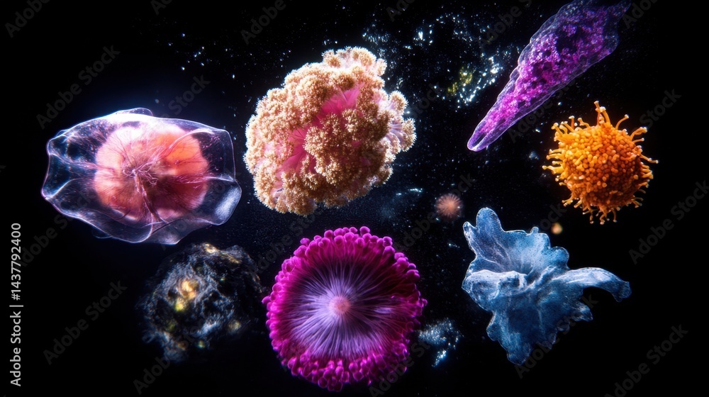 Poster high-detail visual of vibrant microorganisms floating in darkness, emphasizing biological structure 