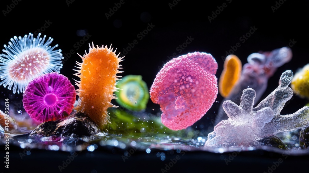 Poster high-detail visual of vibrant microorganisms floating in darkness, emphasizing biological structure 