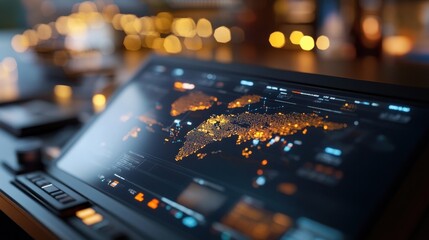 High-resolution data visualization on a global map, showing fluctuating economic graphs in a tech-style interface