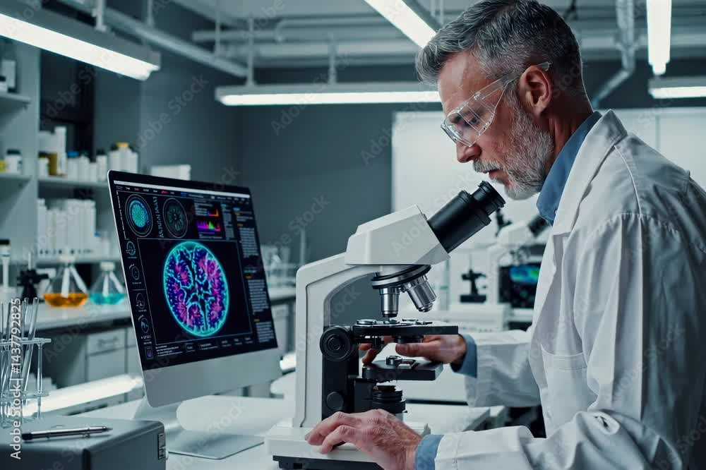 Poster a scientist clad in a lab coat and safety glasses utilizes a microscope and computer within a labora