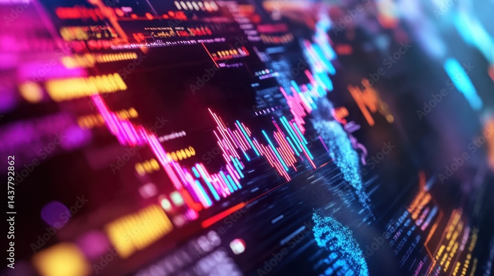 Aufkleber high-tech digital map of the world with neon data flows and financial charts, suggesting real-time g