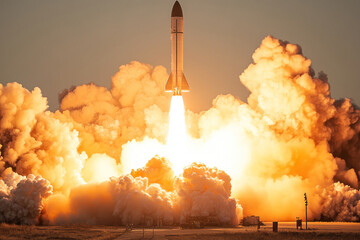 powerful rocket launch in desert landscape at sunrise, symbolizing ambition, exploration, innovation, and breakthrough technology