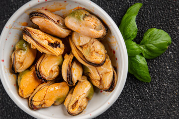 Mussels canned seafood appetizer dish organic product fresh tasty gourmet food background on the table rustic food top view copy space keto paleo pescetarian diet vegetarian food